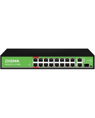 DSP216F-1G-1C-R300 (L2) 16х100Мбит/с 1х1Гбит/с 1хКомбо(1000BASE-T/SFP) 16PoE 16PoE+ 2PoE++ 300W. Коммутатор с питанием по PoE. Digma в Набережных Челнах