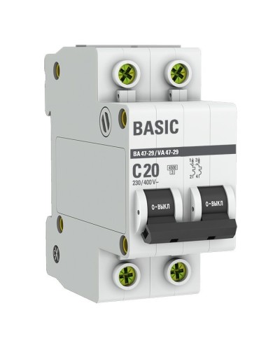 Автоматический выключатель 2P 20А (C) 4,5кА ВА 47-29 Basic (mcb4729-2-20C). Автоматический выключатель. EKF в Набережных Челнах