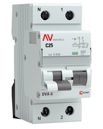 DVA-6 1P+N 25А (C) 30мА (AC) 6кА  AVERES (rcbo6-1pn-25C-30-ac-av). Автоматический выключатель дифференциального тока. EKF в Набережных Челнах