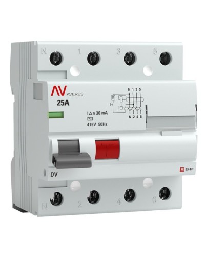 DV 4P 25А/ 30мА (AC)  AVERES (rccb-4-25-30-ac-av). Выключатели дифференциального тока (УЗО). EKF в Набережных Челнах